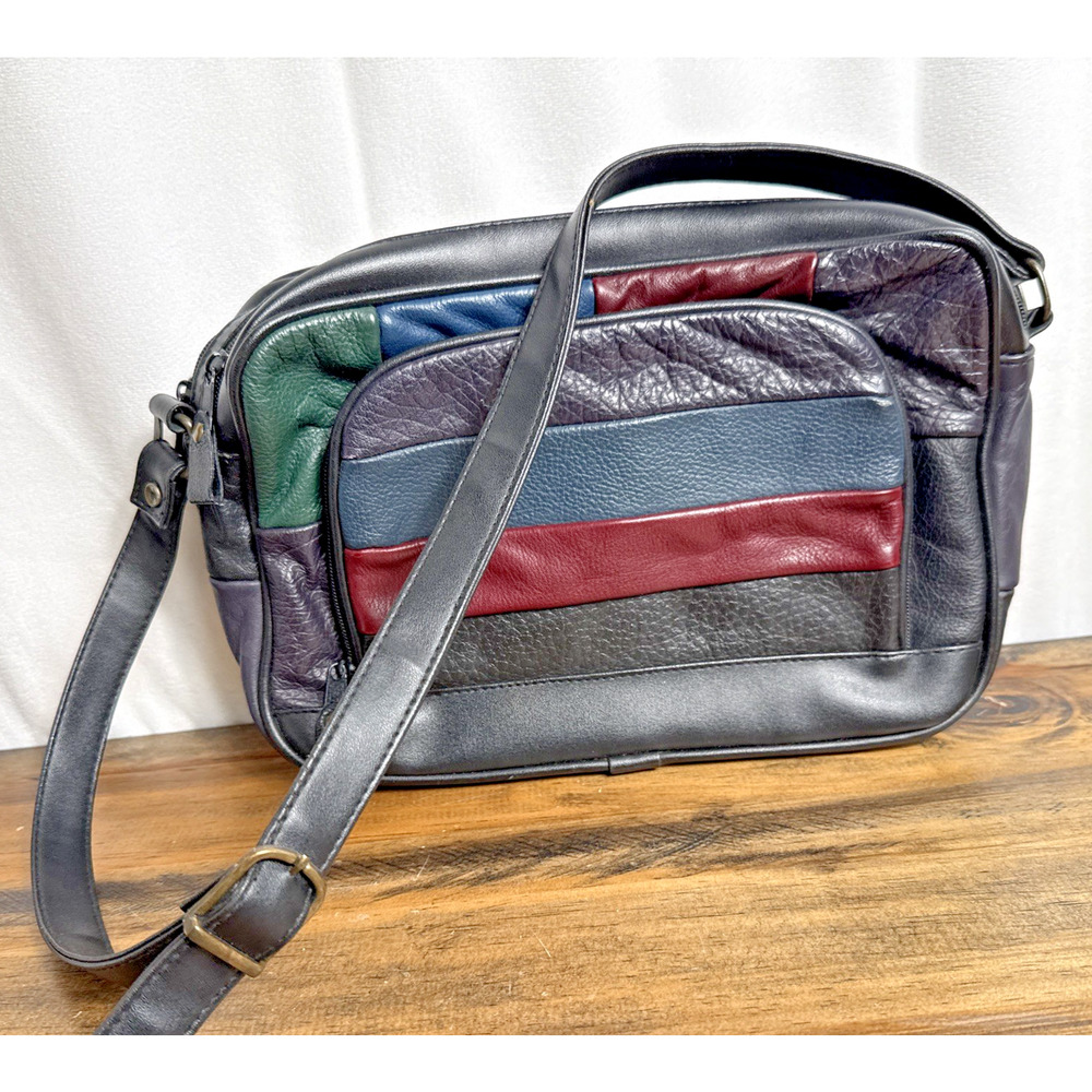 Vintage Leather Patchwork Purse Multicolor 1980s 1990s Handbag Shoulder Bag GUC